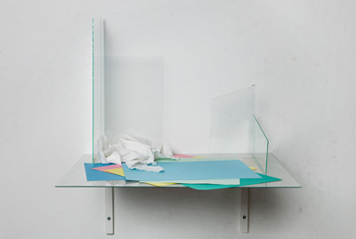 The problems of constructivism  solved by the beauty of a moment II Spatial glass construction with a few  sheets of Rowney coloured paper and  tissue paper, 2009